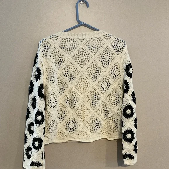 Floral Crochet Cardigan Sweater - Black and Cream - Picture 2 of 3